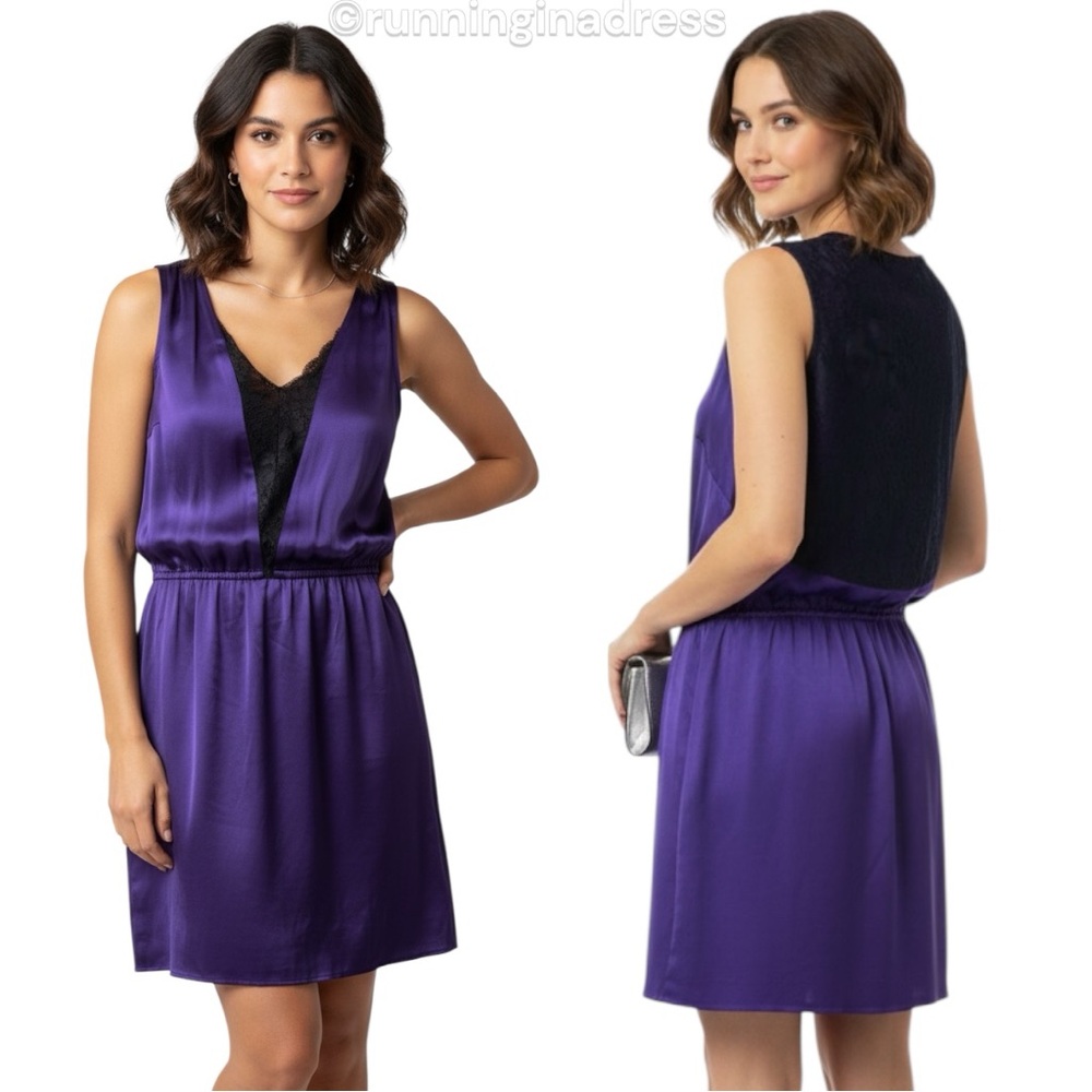 NWT Jenny Han Purple Silk & Black Lace Slip Dress Size Large